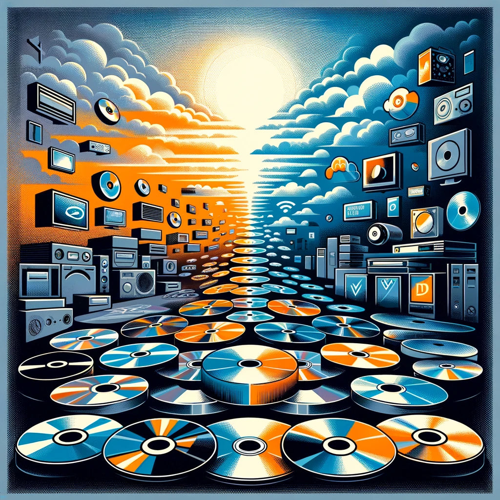 A nostalgic, high-detail image of a DVD and Blu-Ray burner in an attic, surrounded by cobwebs and outdated technology relics, with a glowing, futuristic digital cloud looming outside the window, symbolizing streaming services.