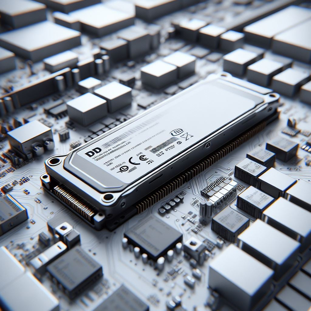 Illustration of a futuristic, high-speed data transfer concept between NVMe SSDs and a computer, highlighting its efficiency and advantages in a vibrant, technology-themed environment.