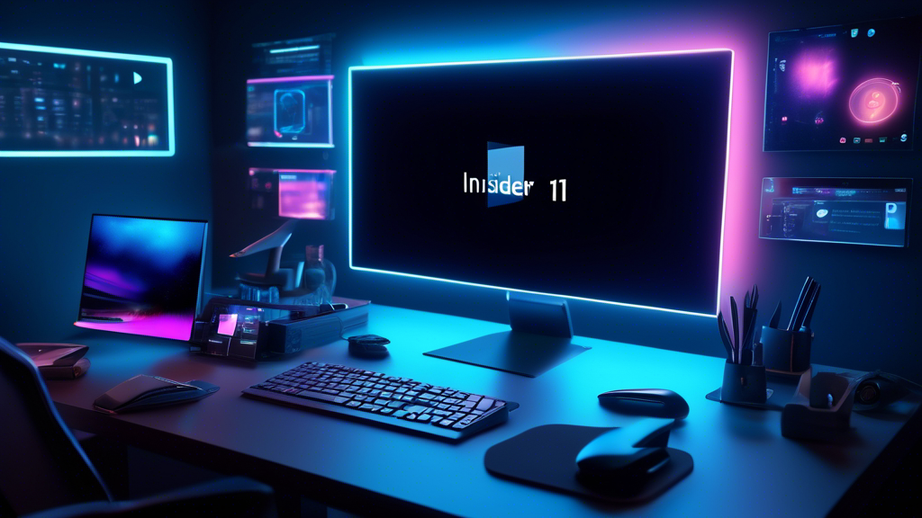 A futuristic digital workstation showcasing the Windows 11 Insider Preview Build 22635.3420 interface, with a glowing Beta Channel badge and modern gadgets on a virtual desk.