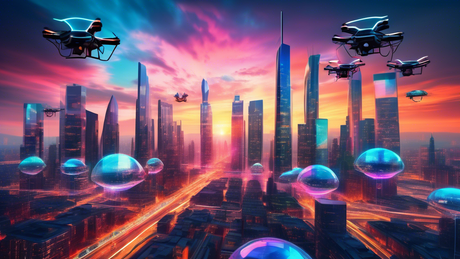 A futuristic cityscape at sunset, with holographic displays of cutting-edge camera technologies and drones capturing dynamic photographs, showcasing the transformation of the skyline by computational 