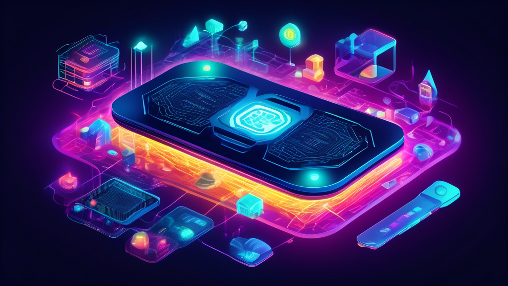 An illustration of a GPU being used in different applications, including gaming, scientific research, and artificial intelligence, interconnected through glowing digital networks, with symbolic icons representing each application floating around it.