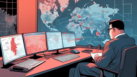 Digital artwork showing a cyber security expert analyzing compromised email systems with North Korea's map in the background, and a report titled '2024 Verizon Data Breach Analysis' on the desk.