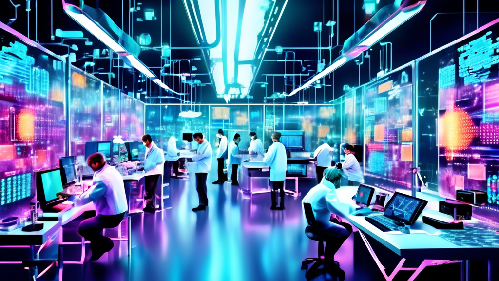 A futuristic laboratory with scientists using advanced nanotechnology tools to assemble and enhance microscopic CPU components, highlighting intricate circuits and nano-scale materials, with digital s