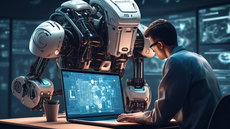 Create an image depicting a person using a computer, looking frustrated at an overly complex AI interface on the screen. In the background, a giant AI robot is hovering menacingly over the person's sh