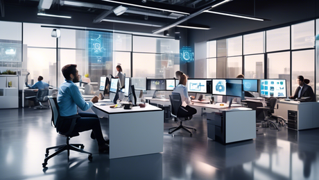Create an image depicting a modern office environment equipped with cutting-edge business technology. Include diverse professionals interacting with advanced hardware such as sleek desktop computers, 