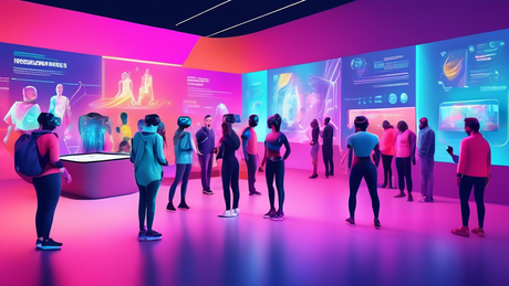 An exhibition display of futuristic wearable fitness technology in 2024, featuring diverse people interacting with advanced fitness trackers, smartwatches, and VR headsets, set in a modern, brightly-l