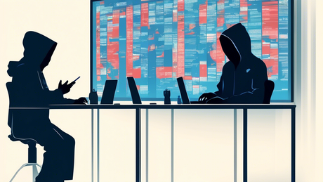 Digital Illustration of a silhouette hacker in a hoodie stealing data from London Drugs, while the UnitedHealth CEO testifies before Congress on a separate screen, against a backdrop of a cyber-security themed world.