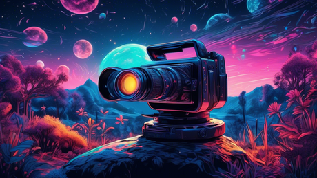 A futuristic camera equipped with state-of-the-art low-light imaging technology, capturing a vibrant, detailed nocturnal wildlife scene under a starlit sky in 2024.