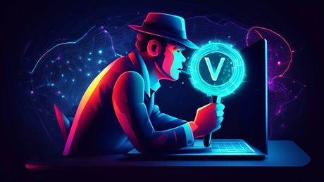 Digital illustration of a detective with a magnifying glass examining a glowing VPN logo on a laptop screen in a dark room with digital data streams in the background.