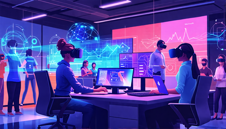 Create a futuristic and dynamic illustration of a small to medium-sized business office environment where employees are interacting with Microsoft 365 Copilot. The scene should depict a diverse group