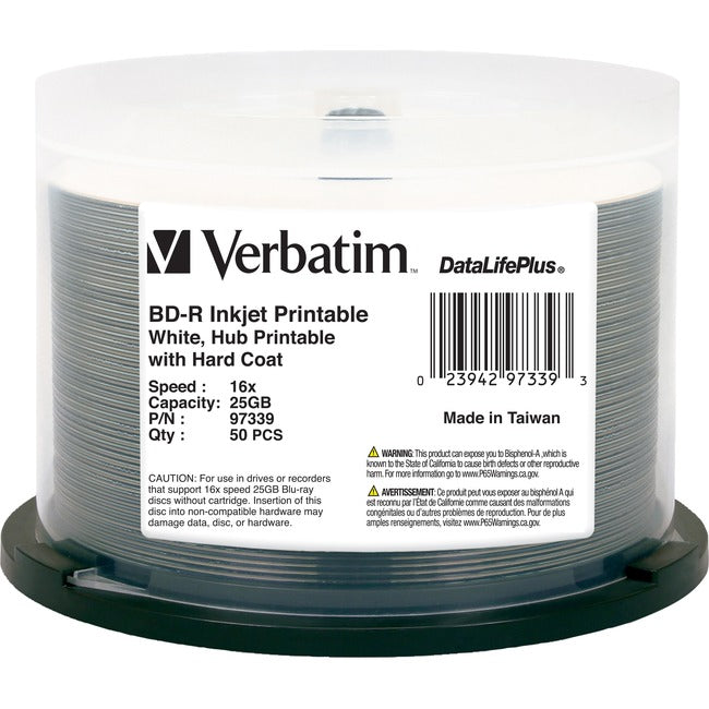 Verbatim BD-R 25GB 6X DataLifePlus White Inkjet Printable, Hub Printable - 50pk Spindle