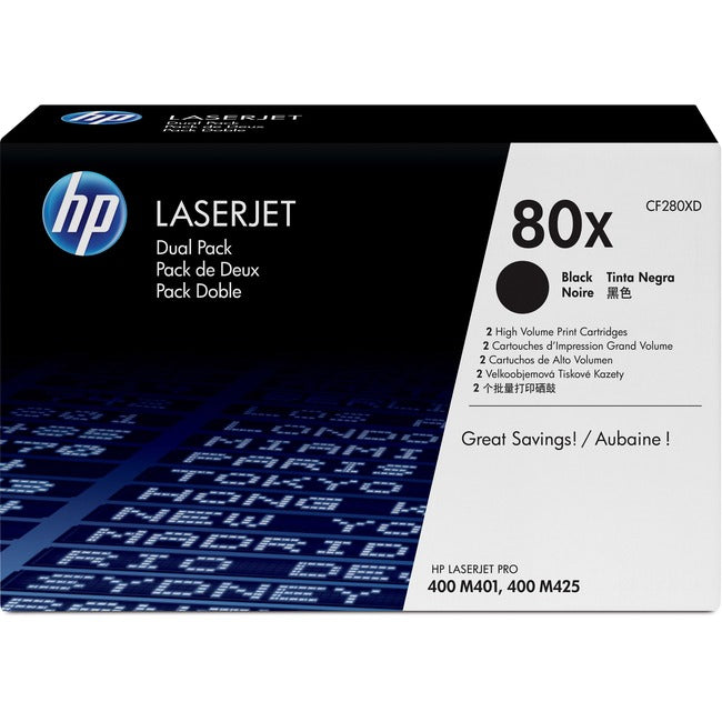 Pack de deux cartouches de toner d'origine HP 80X (CF280XD) - Noir - Pack de deux