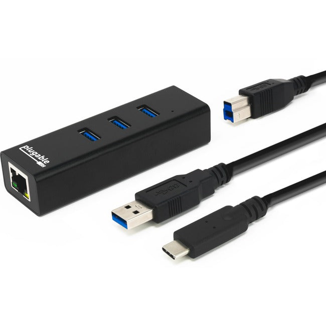 Plugable USB Hub with Ethernet, 3 port USB 3.0 Bus Powered Hub with Gigabit Ethernet Compatible with Windows, MacBook, Linux, Chrome OS, Includes USB C and USB 3.0 Cables