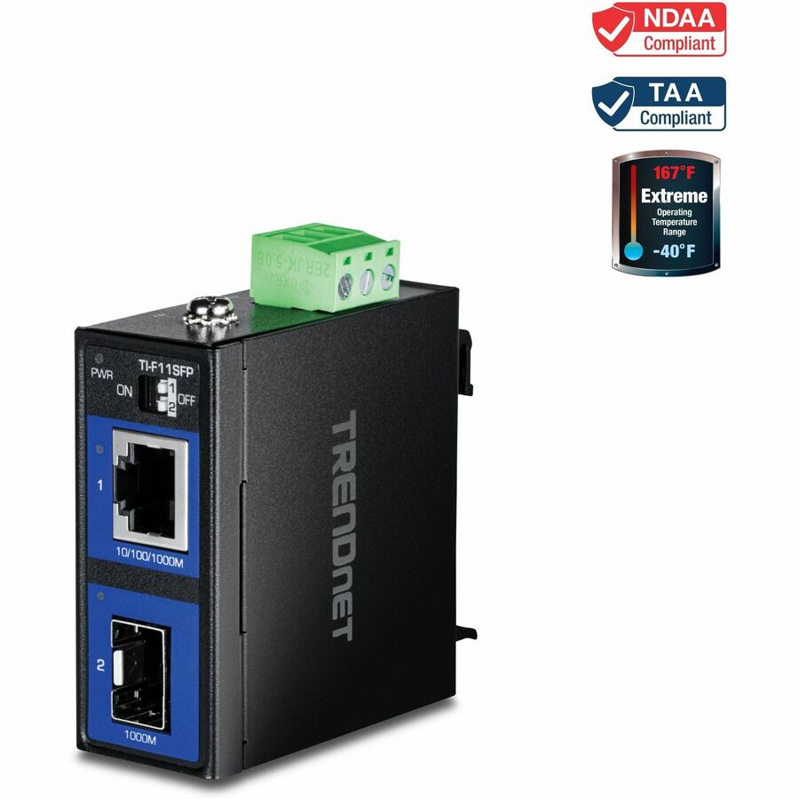 TRENDnet Hardened Industrial 100/1000 Base-T To SFP Media Converter, DIN-Rail And Wall Mount Hardware Included, Multi Or Single Mode Fiber, Power Supply Sold Separately, Black, TI-F11SFP