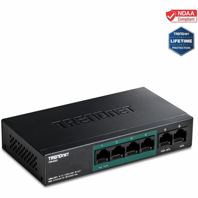 TRENDnet 6-Port Fast Ethernet PoE+ Switch, 4 x Fast Ethernet PoE Ports, 2 x Fast Ethernet Ports, 60W PoE Budget, 1.2 Gbps Switch Capacity, Metal, Lifetime Protection, Black, TPE-S50