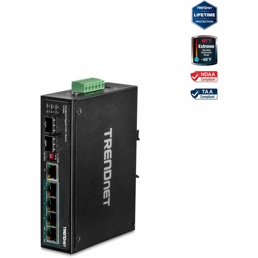 Commutateur industriel Gigabit PoE+ de couche 2 à 6 ports géré sur rail DIN TRENDnet TI-PG541i