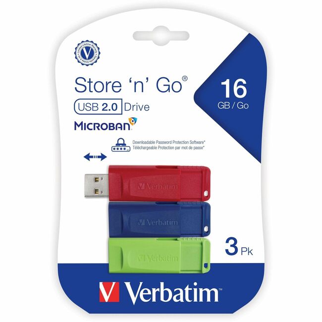 Clé USB Microban Store 'n' Go 16 Go - Lot de 3 - Rouge, Vert, Bleu
