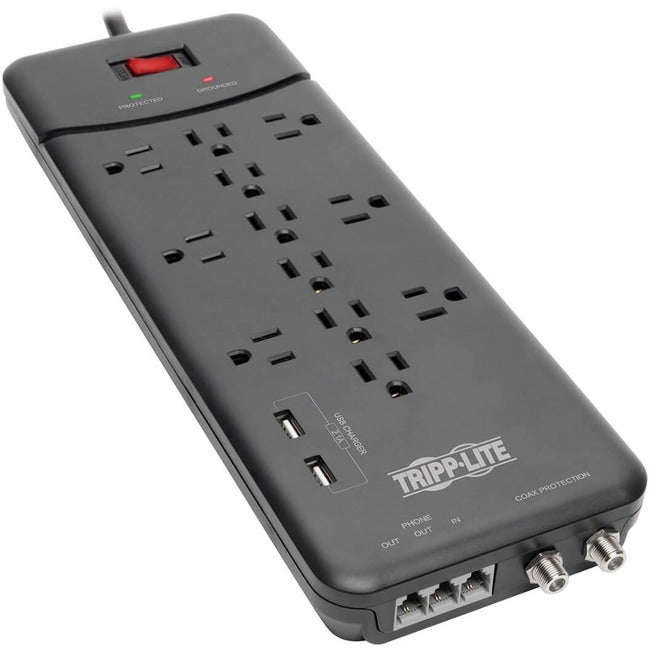 Tripp Lite Surge Protector Power Strip 12 Outlets, 2 USB Charging Ports Tel/Modem/Coax - 12 x NEMA 5-15R, 2 x USB - 1800 VA - 4320 J - 120 V AC Input - Phone/Fax/Modem/DSL, Coaxial Cable Line