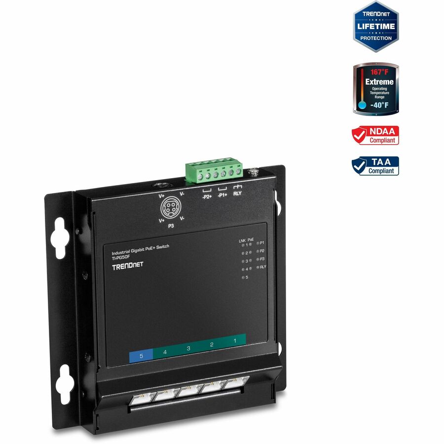 Commutateur mural Gigabit PoE+ industriel à 5 ports TRENDnet TI-PG50F