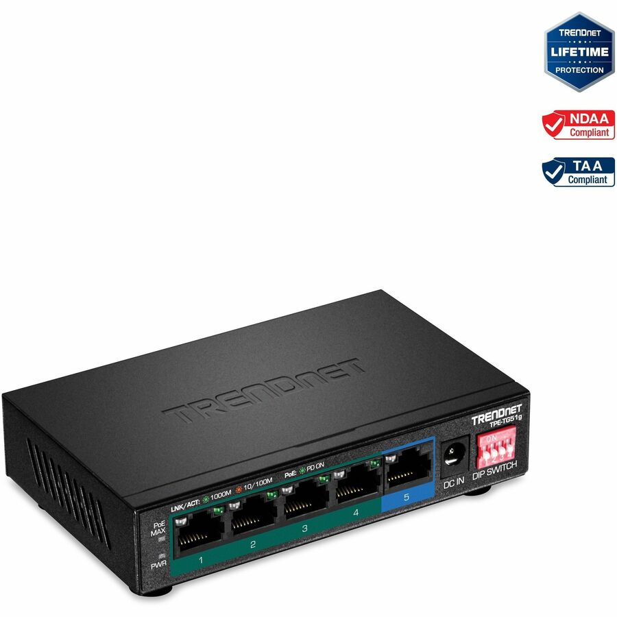 Produktbild von TRENDnet TPE-TG51G PoE+ Switch | 5 Port Gigabit | Bis Zu 200m Reichweite | 60W PoE Budget | Für IP-Kameras