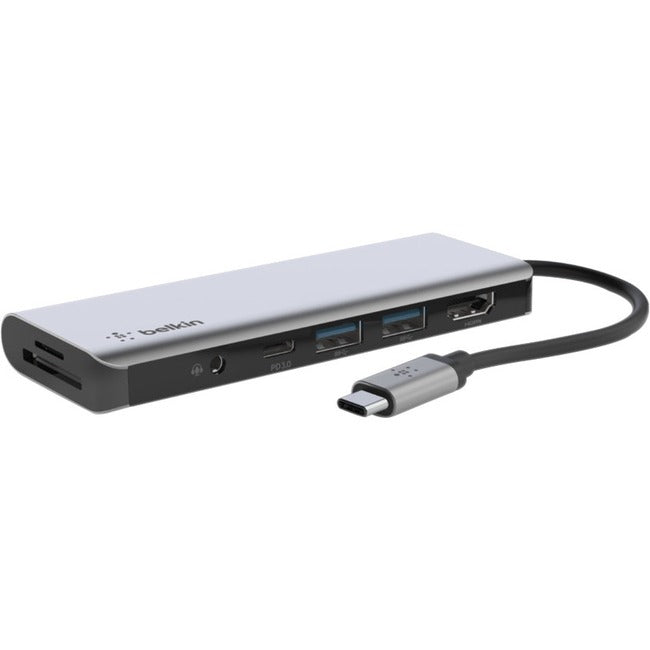 Adaptateur multiport USB-C 7 en 1 Belkin, station d'accueil pour ordinateur portable, 2 ports USB-A 3.1 Gen 2, HDMI 2.0 4K, Power Delivery 3.0 100 W