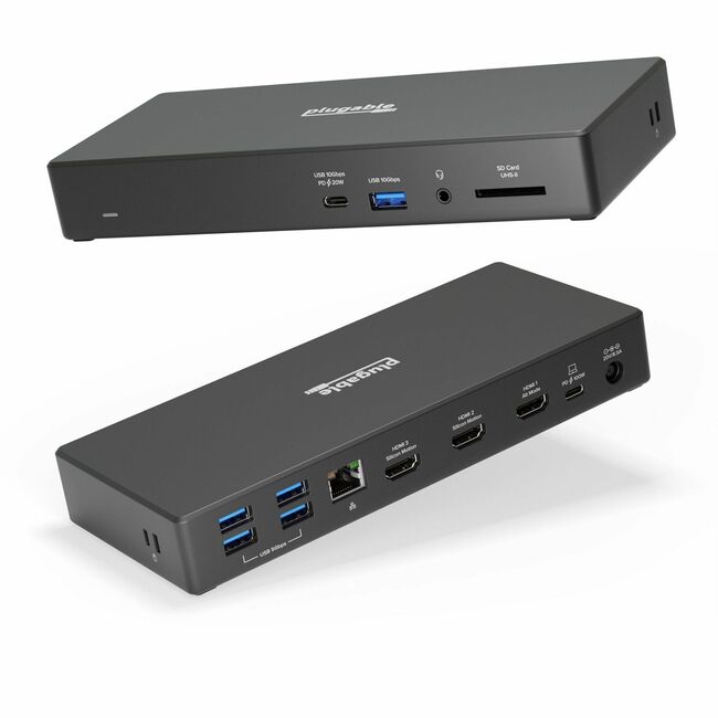 Station d'accueil pour ordinateur portable Plugable 13 en 1 USB-C pour triple écran avec charge 100 W, charge USB-C 20 W - 3x HDMI