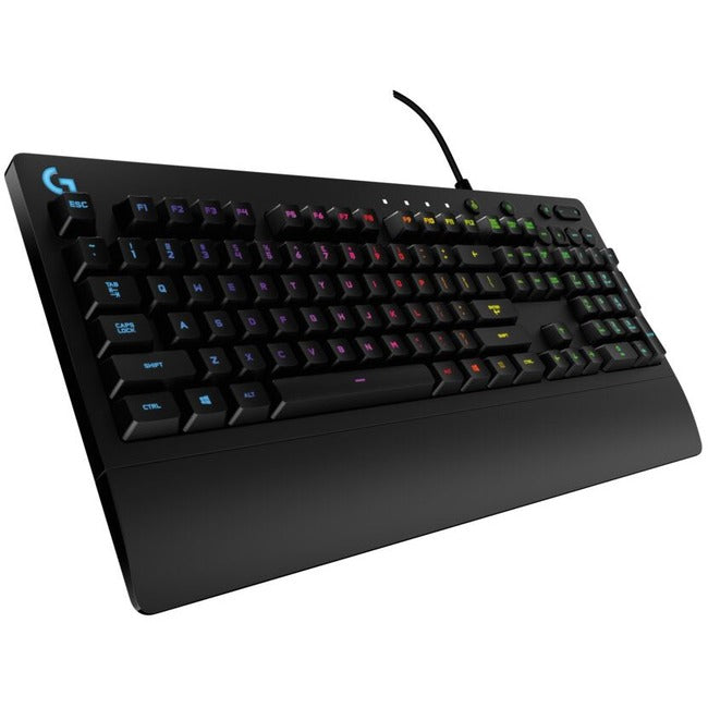 Clavier de jeu Logitech G213 Prodigy - Clavier filaire rétroéclairé RVB avec touches à dôme mécanique, repose-poignet, pieds réglables, commandes multimédia, USB, compatible avec Windows