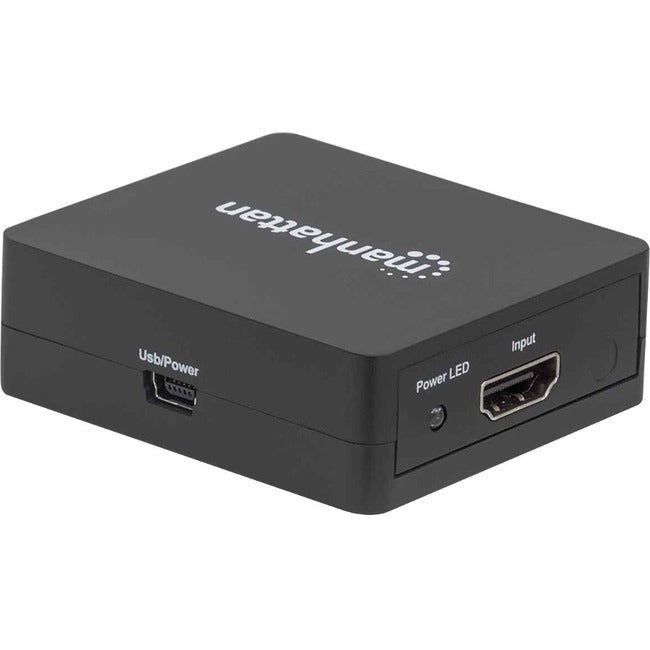 Répartiteur HDMI Manhattan 2 ports, 1080p, noir, affiche la sortie d'une source HDMI x1 vers 2 écrans HD (même sortie vers les deux écrans), alimenté par USB-A (câble inclus, 0,7 m), garantie de trois ans, boîte de vente au détail
