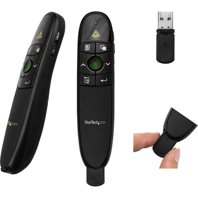 Télécommande de présentation sans fil avec pointeur laser vert - 27 m (90 pi) - Télécommande de présentation USB pour Mac et Windows - Piles incluses - Commandes de diaporama et de volume sans fil
