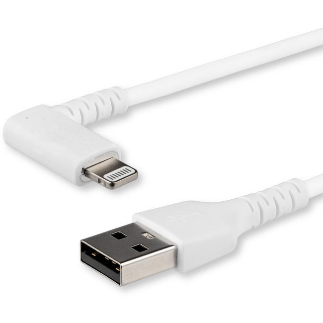 StarTech.com Câble USB A vers Lightning de 2 m pour iPhone iPad, cordon de charge durable à angle droit de 90 degrés, blanc avec fibre aramide, certifié Apple MFI