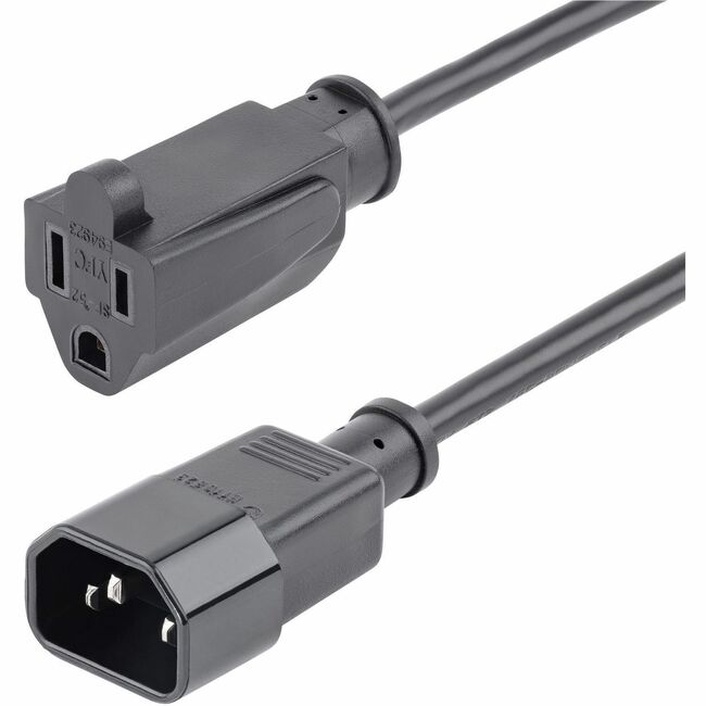 StarTech.com Câble d'extension d'alimentation de 0,3 m (1 pi), IEC C14 vers NEMA 5-15R, 10 A 125 V, 18 AWG, noir, câble d'extension de prise pour équipement réseau