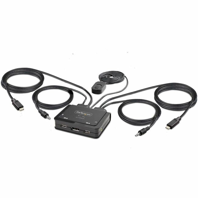 StarTech.com Commutateur KVM à 2 ports avec câble USB-C, sortie DisplayPort 4K 60 Hz, KVM compact avec câbles hôtes intégrés de 1,2 m, alimentation par bus