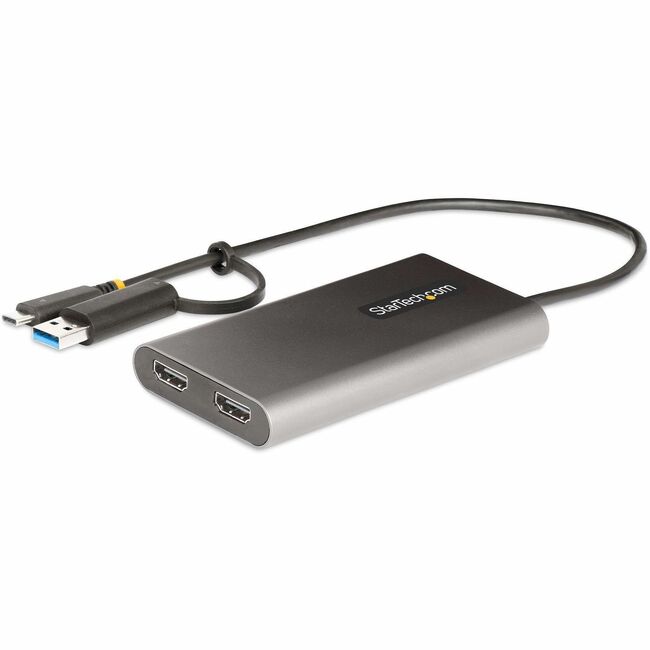 Adaptateur USB-C vers double HDMI StarTech.com, USB-C/A vers 2x HDMI, 4K 60 Hz, PD Pass-Through 100 W, câble intégré de 30 cm, convertisseur USB vers HDMI