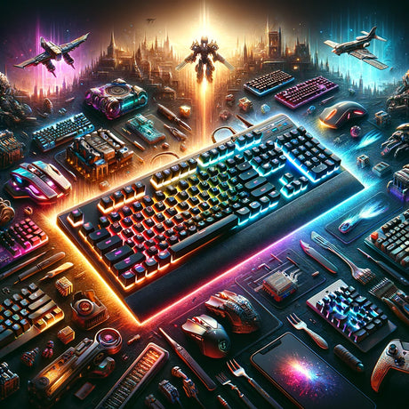 An intricate digital illustration of a futuristic gaming keyboard, glowing with customizable RGB lights, surrounded by floating virtual reality gaming icons and sleek computer gaming gear, set against a dark, high-tech background.