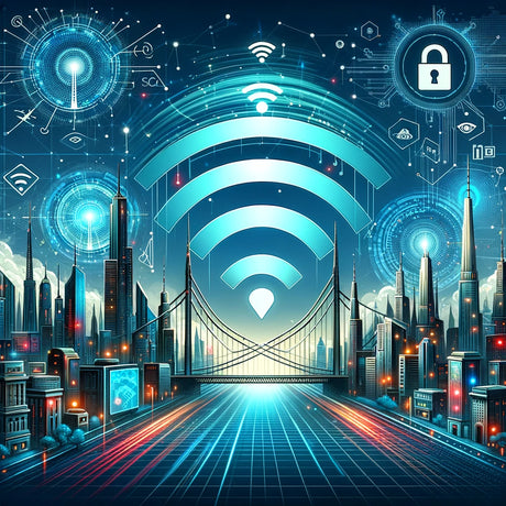 An illustrative digital artwork visualizing the seamless integration of Wifi 6 and WPA 3 technology in a futuristic smart city, highlighting advanced wireless connectivity and cybersecurity features.