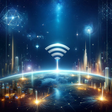 A futuristic cityscape at dusk with holographic displays of Wi-Fi 6E signals emanating from sleek, advanced technology devices, highlighting a network of interconnectedness and high-speed data transfer.