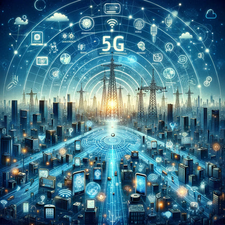 An intricate digital illustration of a futuristic city with 5G network beams connecting diverse devices and architectures, highlighting a seamless, high-speed communication network.