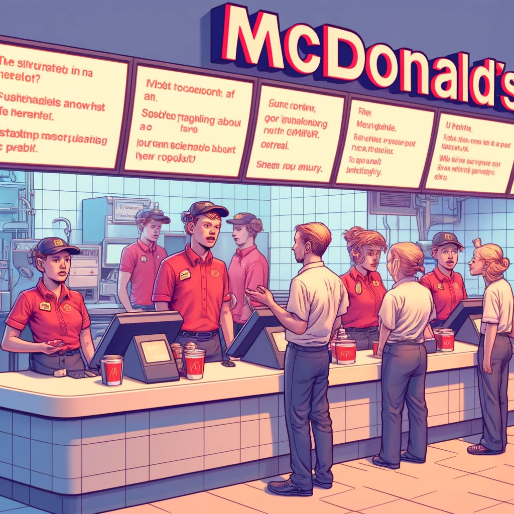 A digital painting of Ronald McDonald sitting in a classroom, looking puzzled and overwhelmed by flowcharts and server diagrams floating around him, with a flickering McDonald's sign in the background.