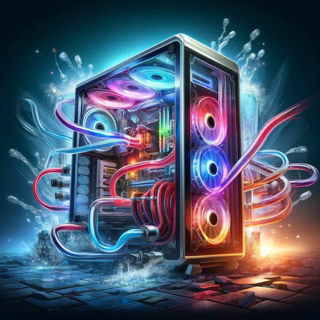A futuristic gaming PC with transparent side panels showcasing a vibrant, high-tech liquid cooling system in action, set against the backdrop of an immersive cyberpunk gaming room.