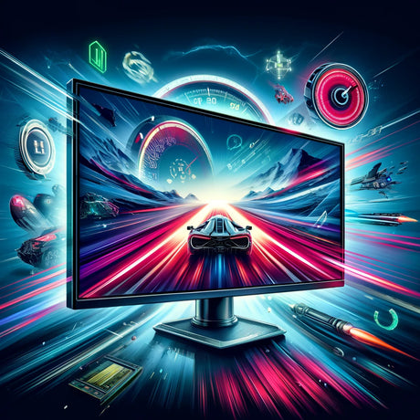 An animated character wearing gaming gear, comparing two futuristic monitors displaying vivid, high-speed racing games to illustrate the difference in refresh rates, with detailed text bubbles explaining the concept, set in a sleek, high-tech gaming 