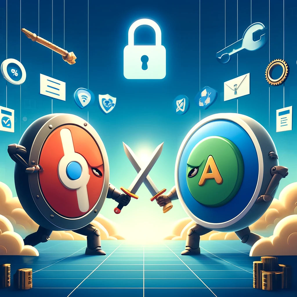 Illustration of two smartphones on a balanced scale, one displaying the Authy logo, the other the Google Authenticator logo, with 2FA codes on their screens, set against a digital security-themed background.