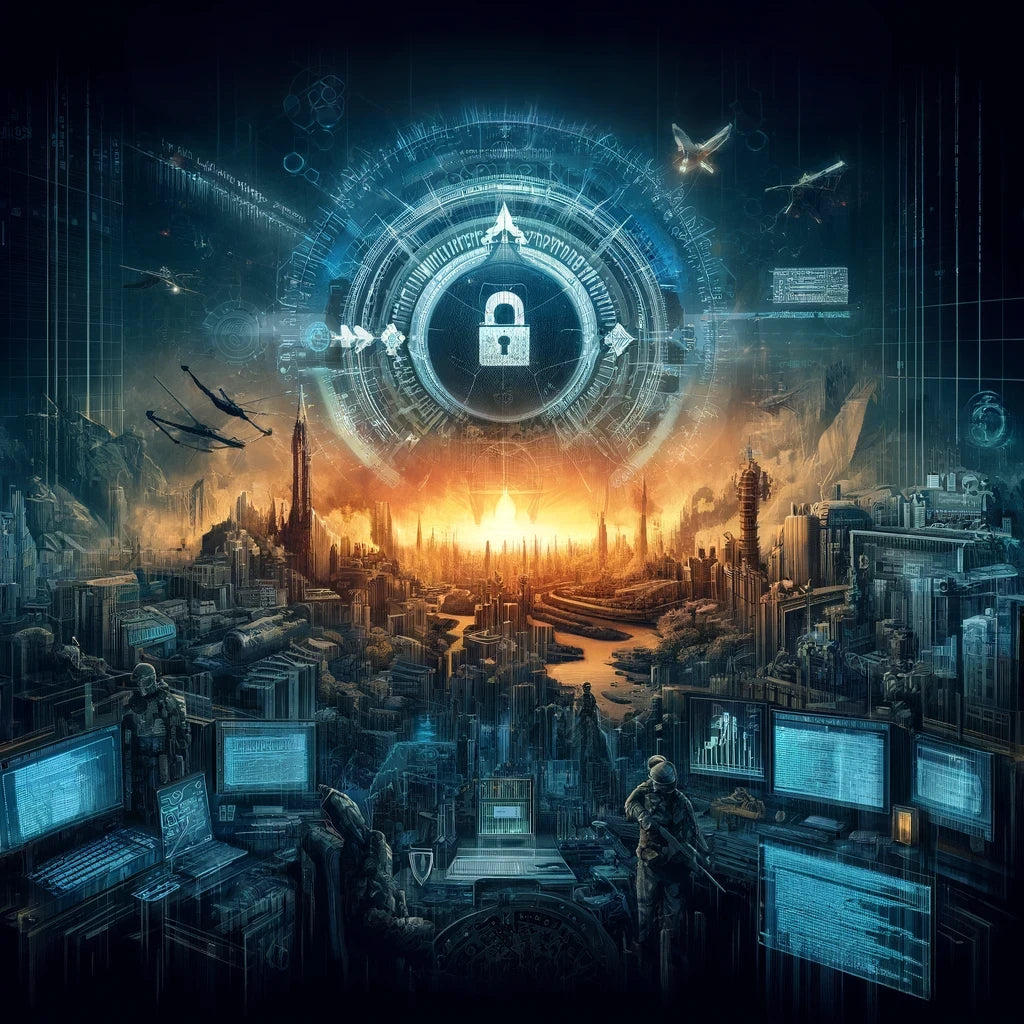 Digital artwork depicting futuristic cyber warfare, with Operation Cronos agents dismantling the LockBit ransomware infrastructure amid a chaotic digital storm.