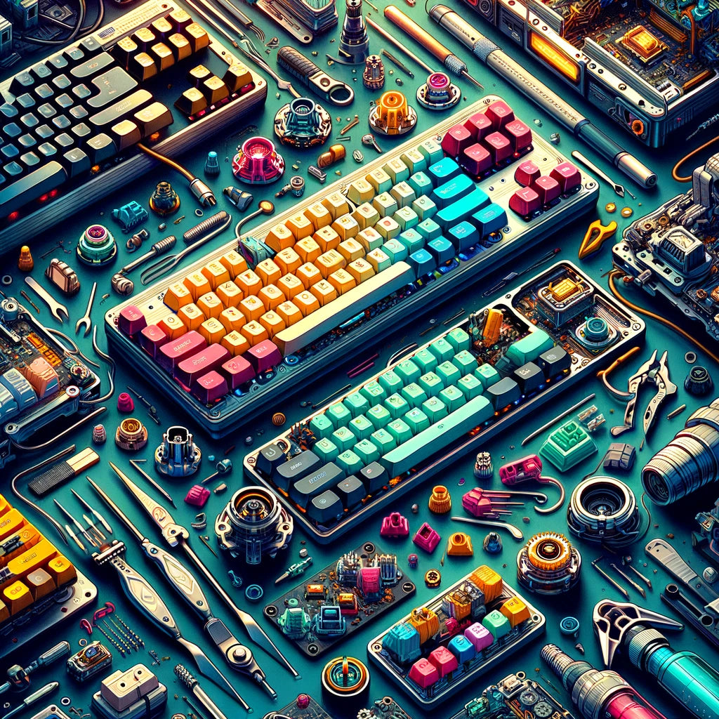 A collage of mechanical keyboards showcasing a variety of colorful switches, artisan keycaps, and different customization options, with a retro-futuristic cityscape in the background.
