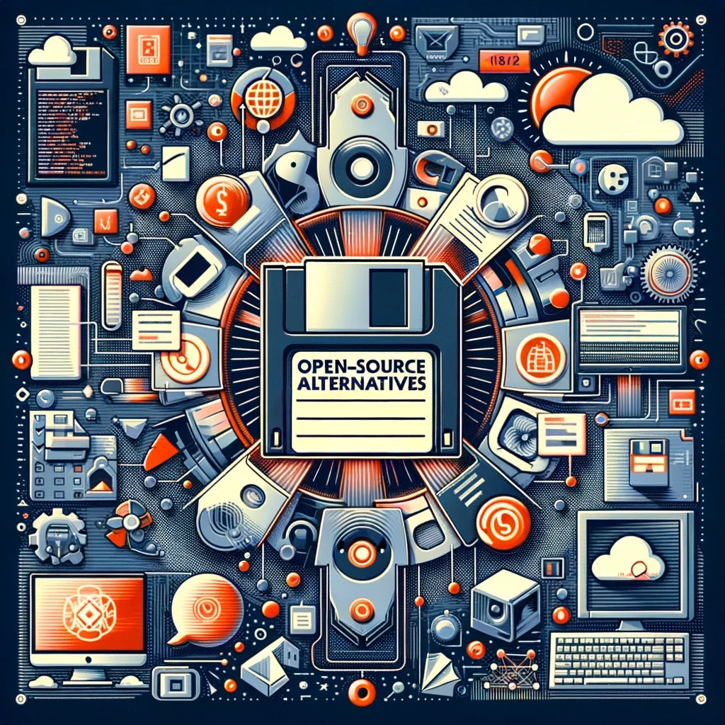 Digital illustration of a giant book titled 'Comprehensive Guide to Open-Source Alternatives' on a desk, surrounded by miniature versions of popular software logos being replaced by open-source alternatives in a magical transformation visual effect.