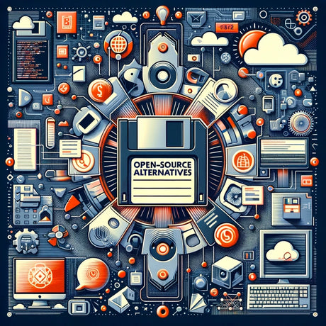 Digital illustration of a giant book titled 'Comprehensive Guide to Open-Source Alternatives' on a desk, surrounded by miniature versions of popular software logos being replaced by open-source alternatives in a magical transformation visual effect.