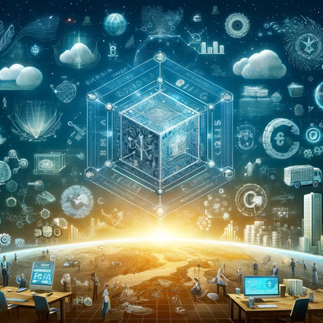 An illustrative montage showcasing various Blockchain applications including supply chain tracking, secure voting systems, renewable energy trading, and healthcare data management, set in a futuristic, interconnected world.