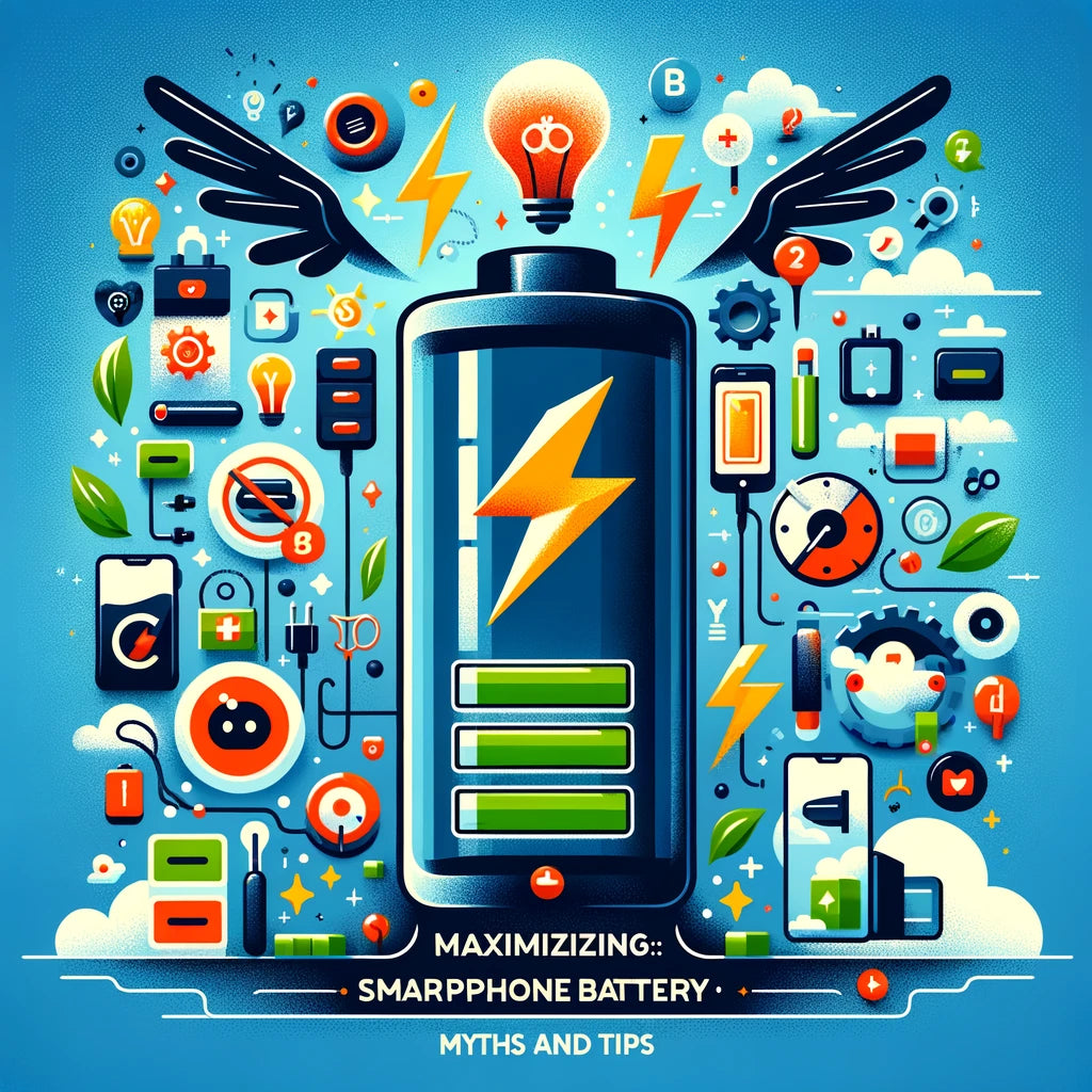 Detailed digital illustration of a smartphone surrounded by various common battery myths and useful charging tips as colorful, engaging icons and annotations in an educational poster style.