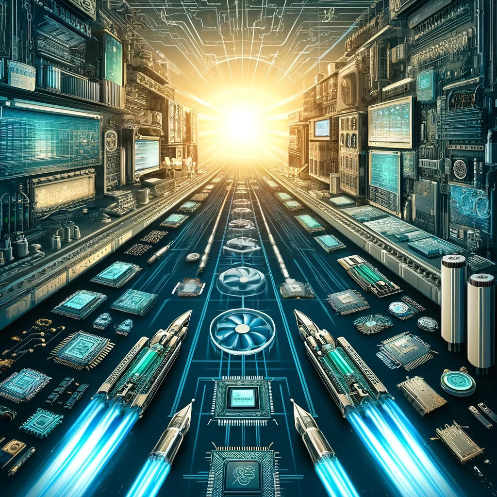 An ultra-high-definition illustration of two futuristic, high-speed computer motherboards engraved with 'PCIe 5.0' and 'PCIe 4.0' facing each other on a digital battlefield, under a bright, cybernetic