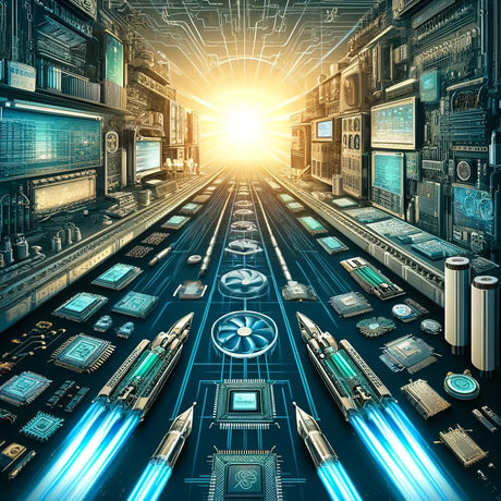 An ultra-high-definition illustration of two futuristic, high-speed computer motherboards engraved with 'PCIe 5.0' and 'PCIe 4.0' facing each other on a digital battlefield, under a bright, cybernetic