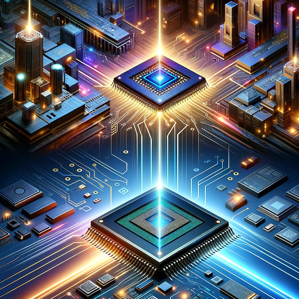An elaborate digital infographic showcasing a side-by-side comparison of 10nm and 7nm chipsets technology features and benefits for 2024, with futuristic graphics and clear labels